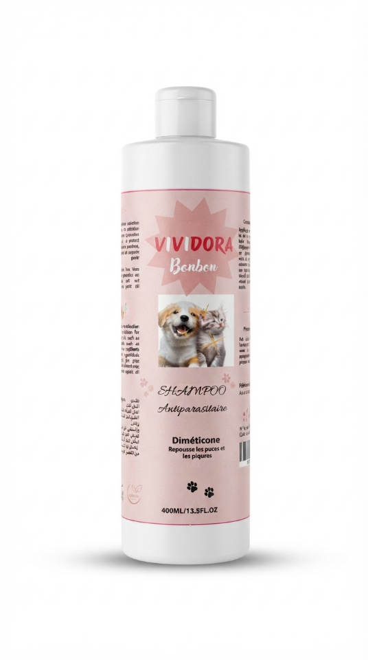 Shampoing Antiparasitaire Anti-Puces pour Chat et Chien vividora bonbon 400 ml